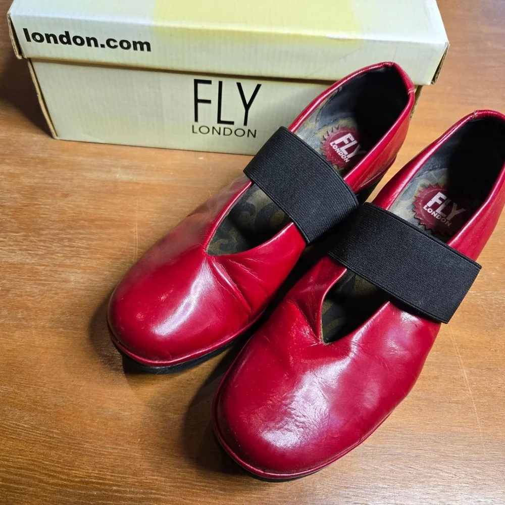 Fly London Red Leather Wedge Shoes with Black Elastic Strap